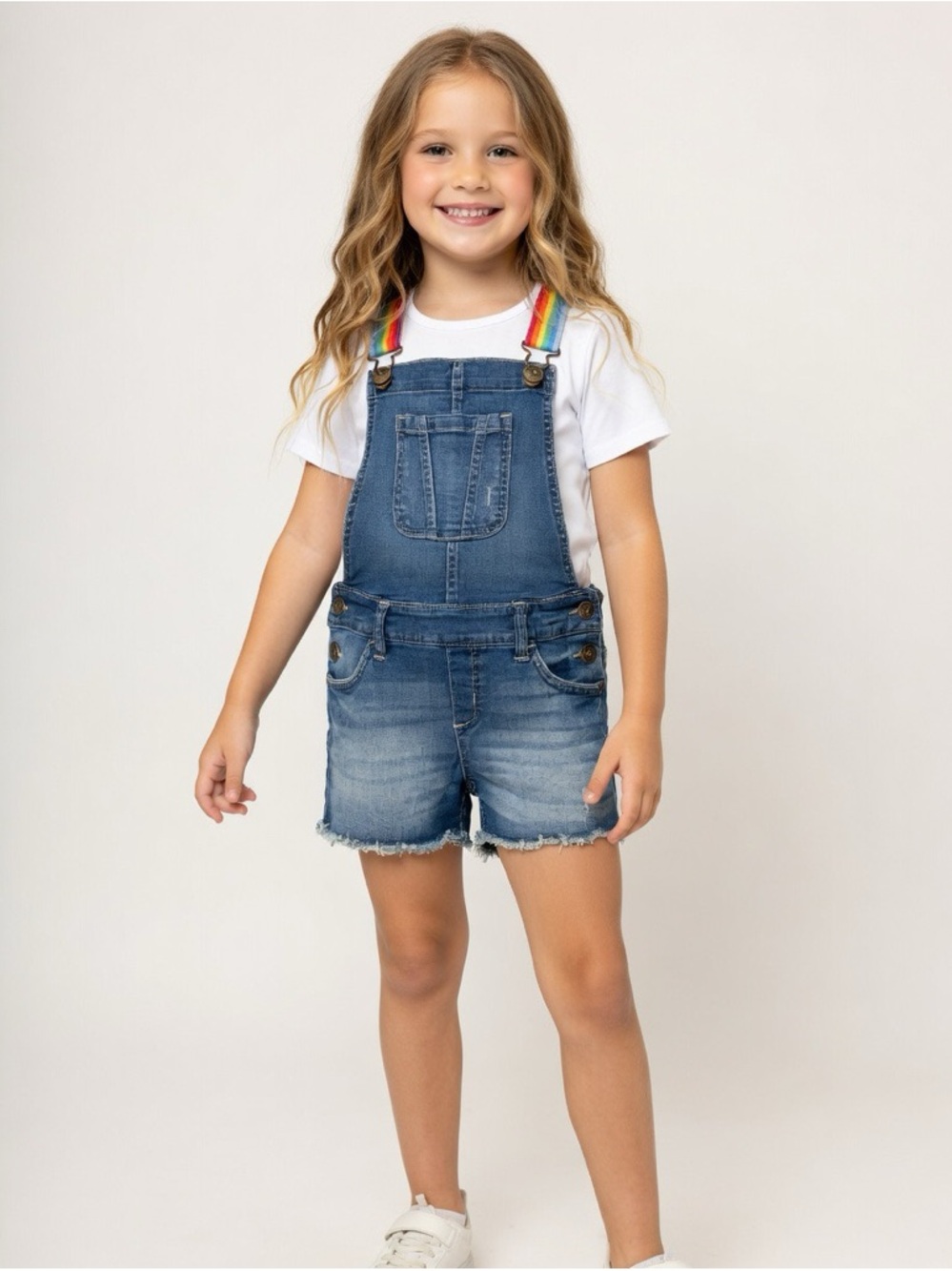Justice Girls Denim Shortalls Rainbow Straps Size XS Distressed Hem Like New